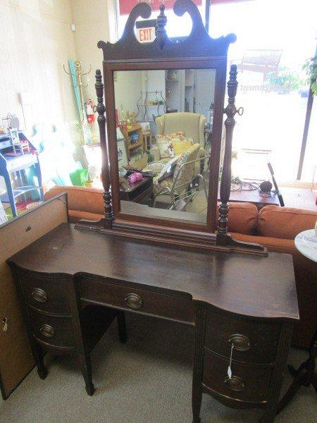 Stained Wood Veneer Vanity w/ Mirror, Column, Design, Oval Brass Pulls, Scroll Top