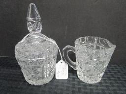 Crystal Glass Lot - 1 Large Picher Monogrammed 'C', 4 Saucers 5 1/4", Cut Glass Sugar/Creamer