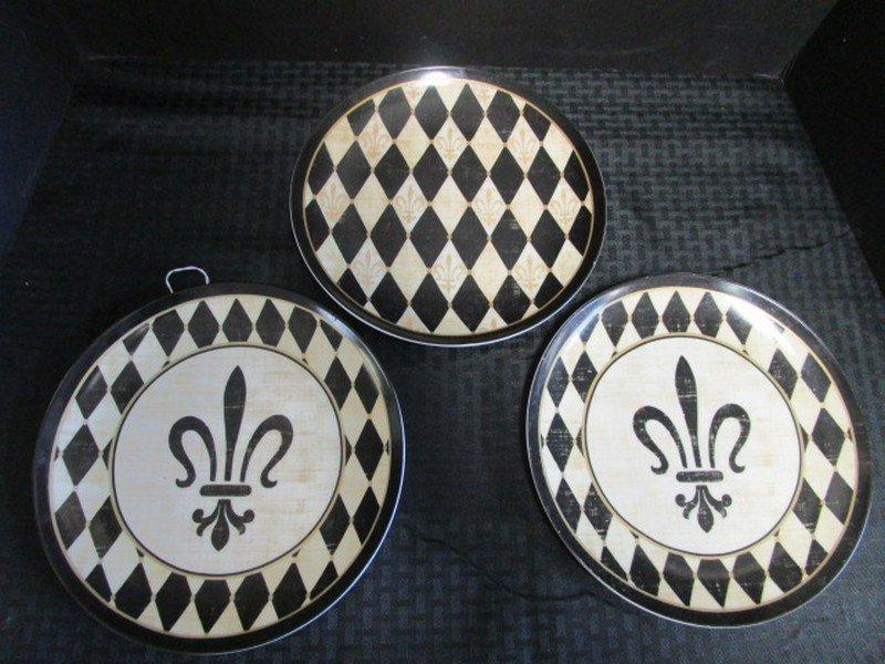 3 Ceramic Plates Black/Yellow w/ Fleur de Lis Motif/Pattern