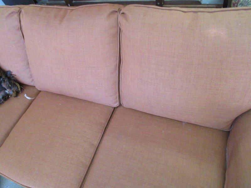Burnt Orange 3 Seat Couch by Wesle, Hall Inc. Upholstered, Stained Wood French Bun Feet