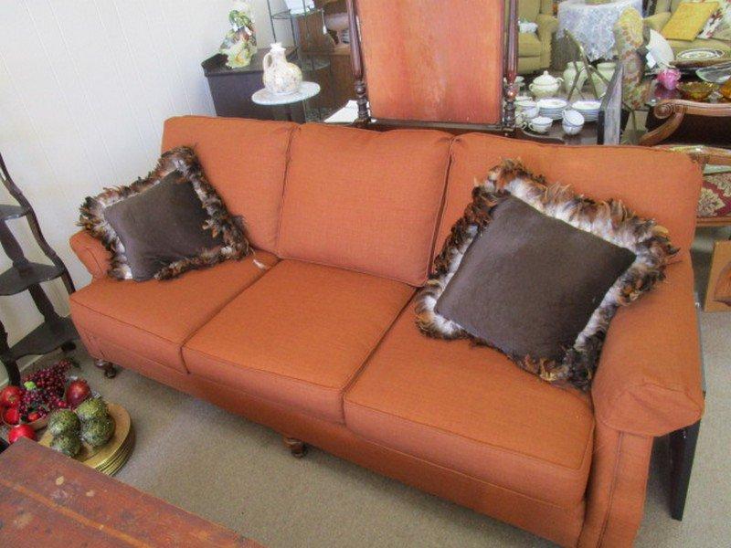 Burnt Orange 3 Seat Couch by Wesle, Hall Inc. Upholstered, Stained Wood French Bun Feet