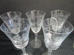 Lot - 7 Glass Wine Goblets w/ Frosted Floral Design, 2 w/ Wheat Design