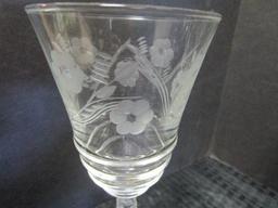 Lot - 7 Glass Wine Goblets w/ Frosted Floral Design, 2 w/ Wheat Design