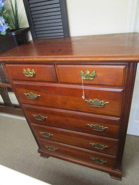Dark Wood Veneer 6 Drawer Dresser w/ Ornate Brass Pulls
