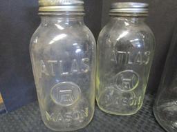 Lot - 7 Glass Mason Jars, 2 Atlas Mason Jars w/ Metal Lids