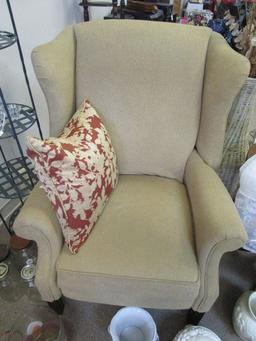 x2 Pair Wing Back Arm Chairs/Recliner w/ Wood Feet Beige w/ Floral Design Cushions