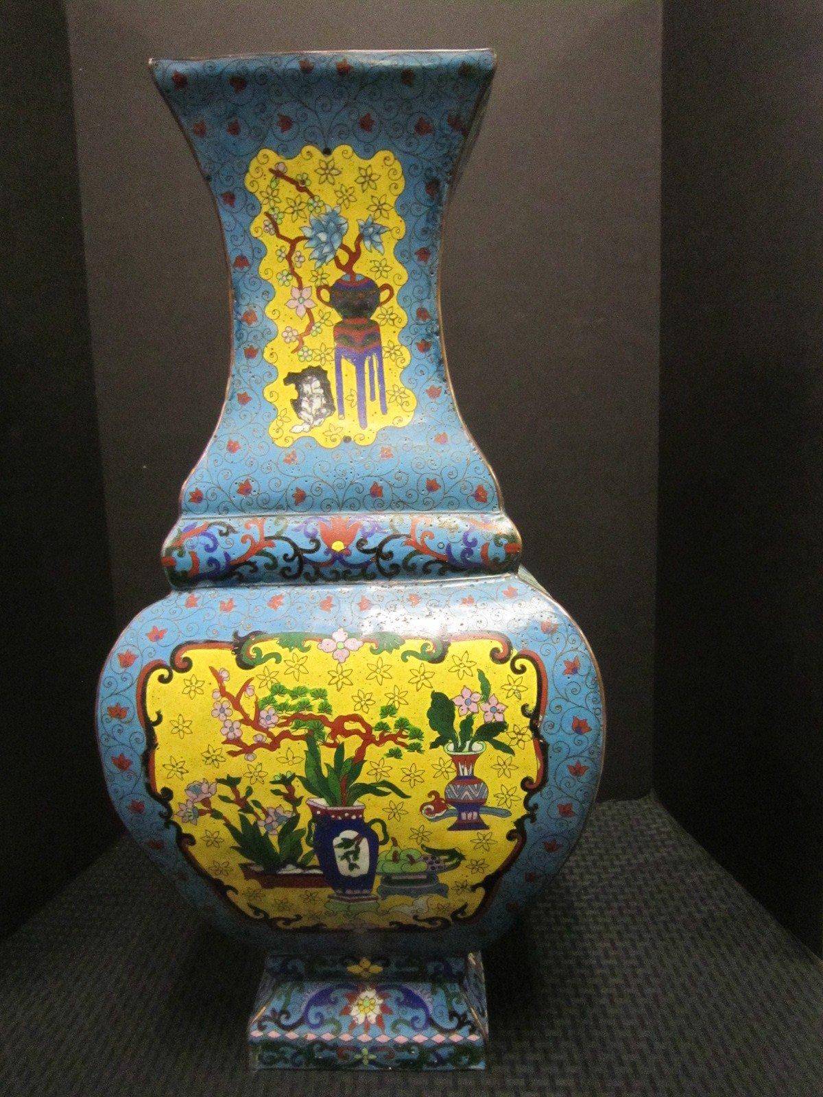 Rare Antique Large Size Vase, Metal/Enamel Cloisonné Chinese Motif Hand Painted,