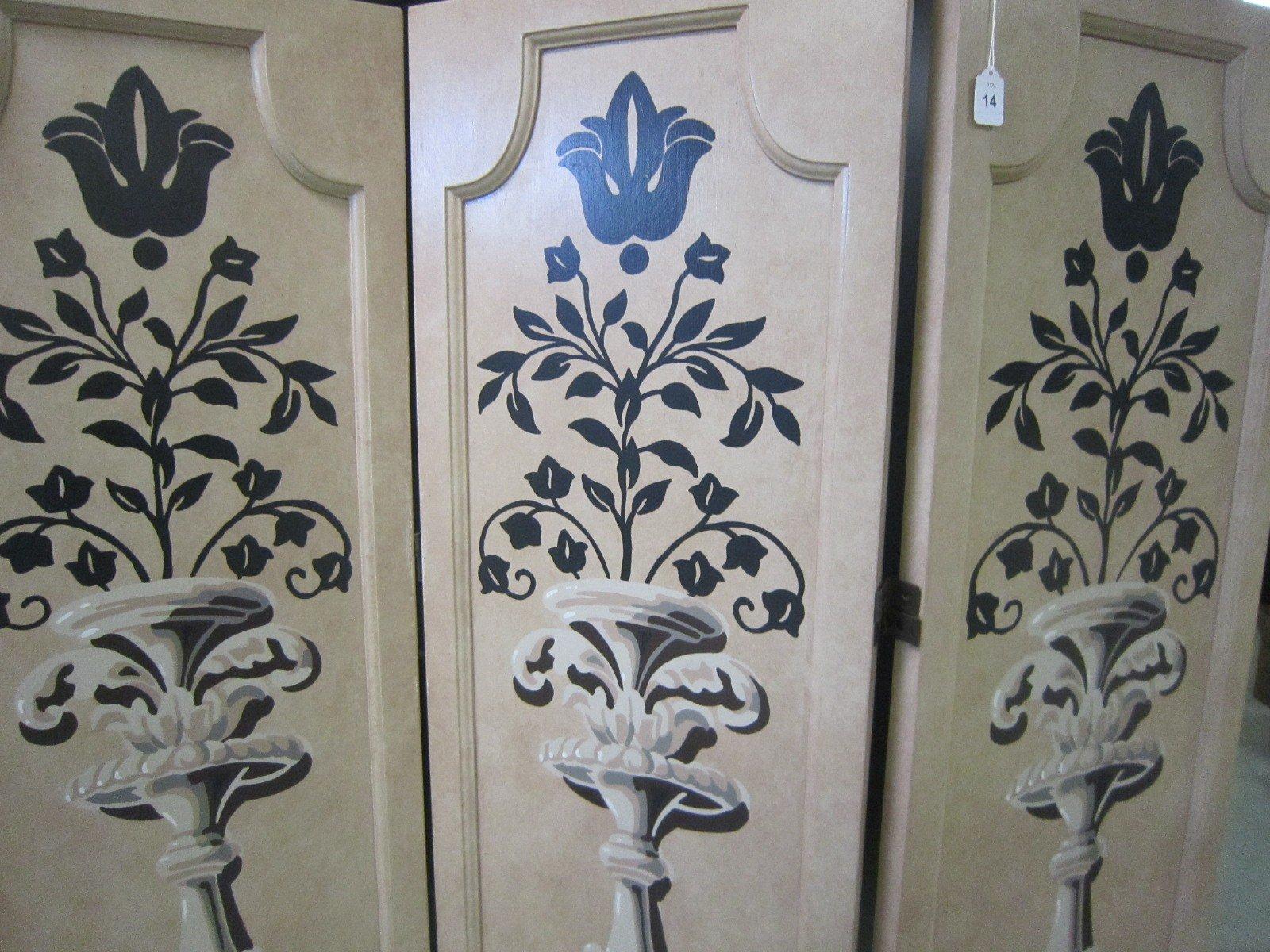 3 Panel Wooden Folding Screen, Beige w/ Floral/Sconce Motif