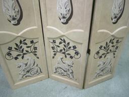 3 Panel Wooden Folding Screen, Beige w/ Floral/Sconce Motif