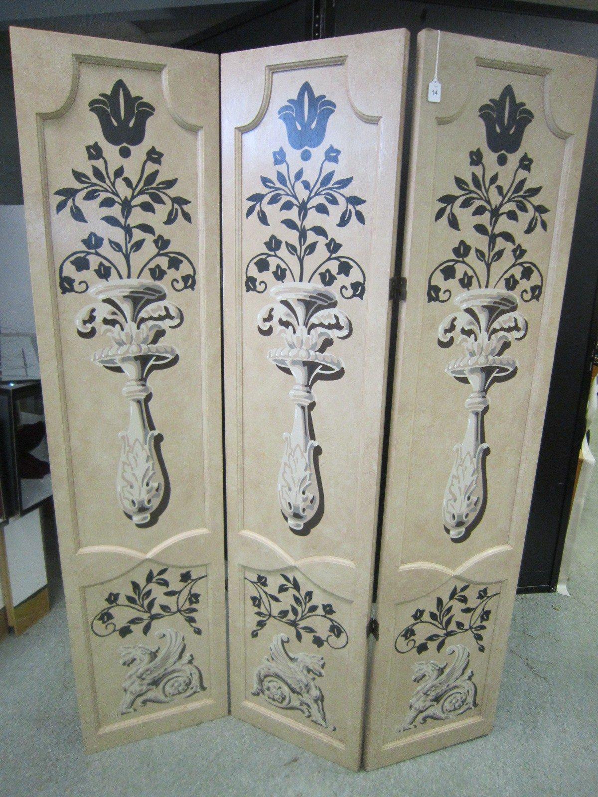 3 Panel Wooden Folding Screen, Beige w/ Floral/Sconce Motif