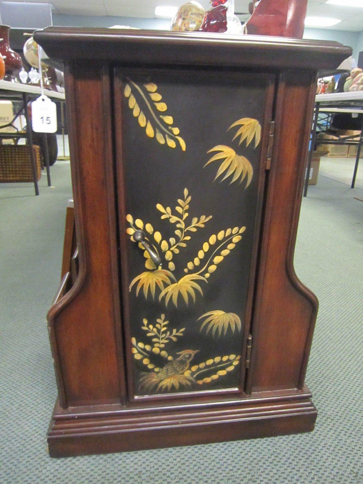 Solid Dark Wood Side Table w Hutch Door, 1 Inlay Shelf, 2 Side Magazine Holders