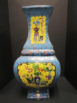 Rare Antique Large Size Vase, Metal/Enamel Cloisonné Chinese Motif Hand Painted,
