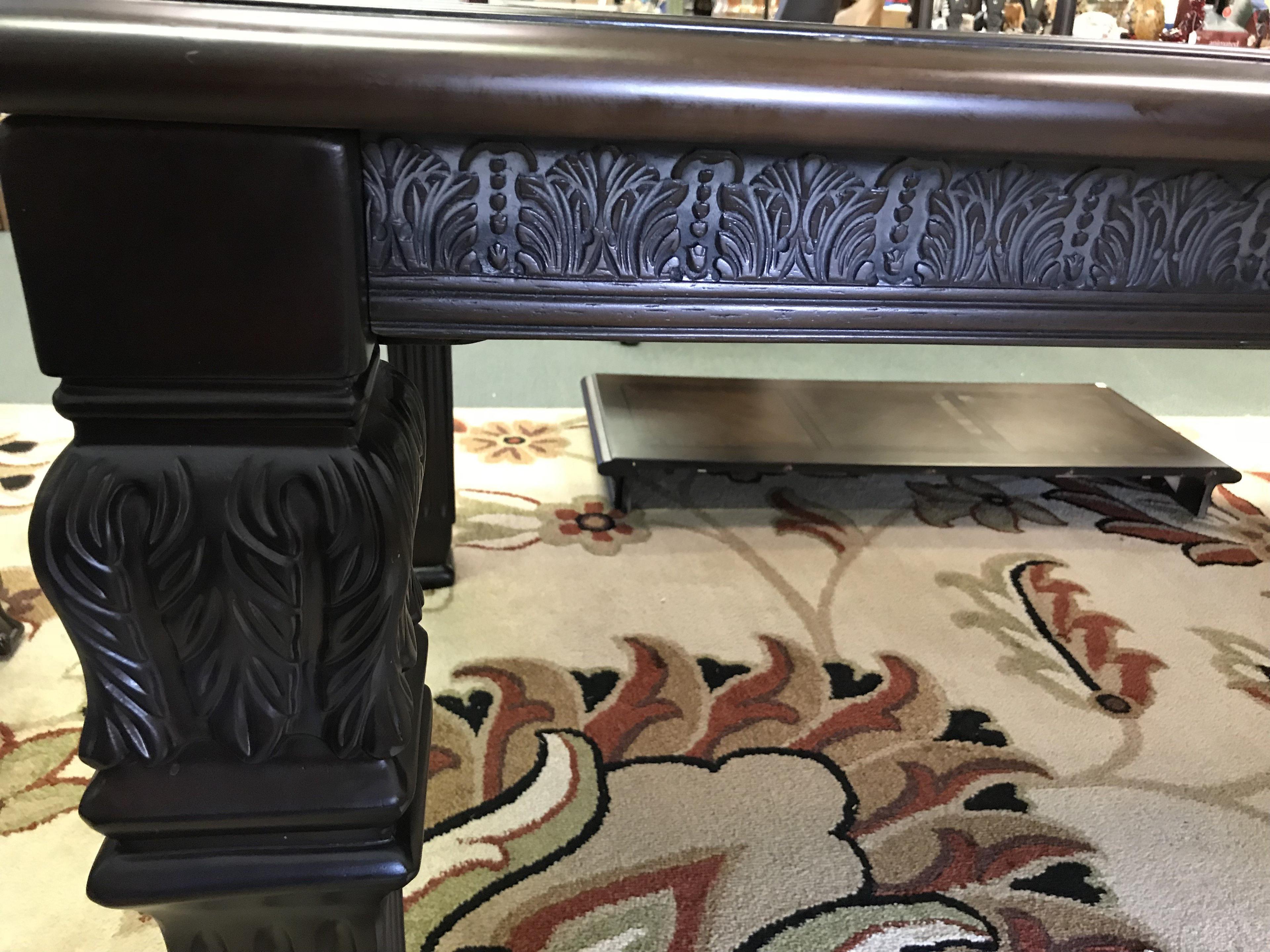 Ashley Furniture Wood Dining Table Ornate Carved Motif, Column Legs, Bracket Feet