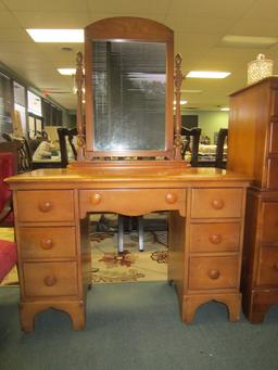 Maple Vanity 7 Drawers w/ Mirror, Wood Pulls