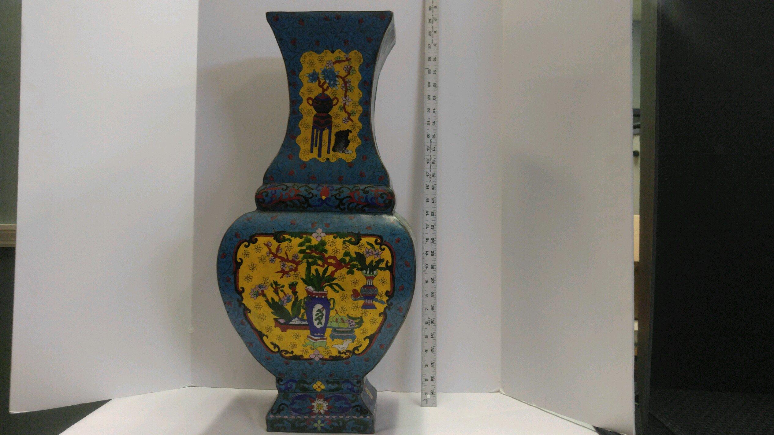 Rare Antique Large Size Vase, Metal/Enamel Cloisonné Chinese Motif Hand Painted,