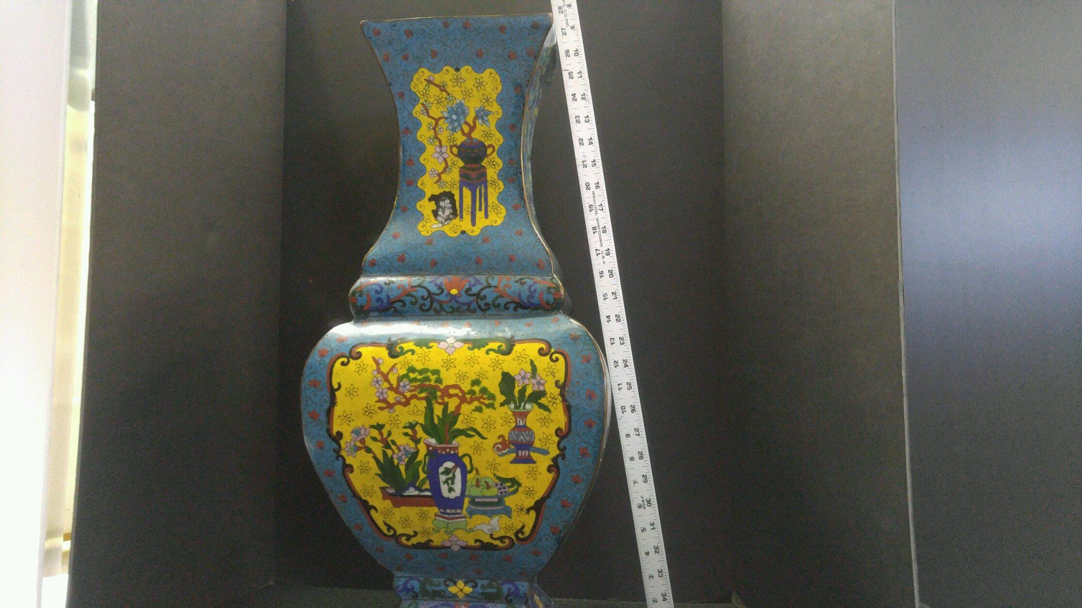 Rare Antique Large Size Vase, Metal/Enamel Cloisonné Chinese Motif Hand Painted,