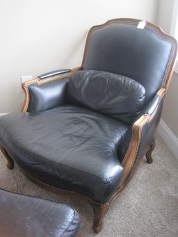 Chateau D'Ax French Inspired Bergere Style Oversized Black Leather Arm Chair & Ottoman