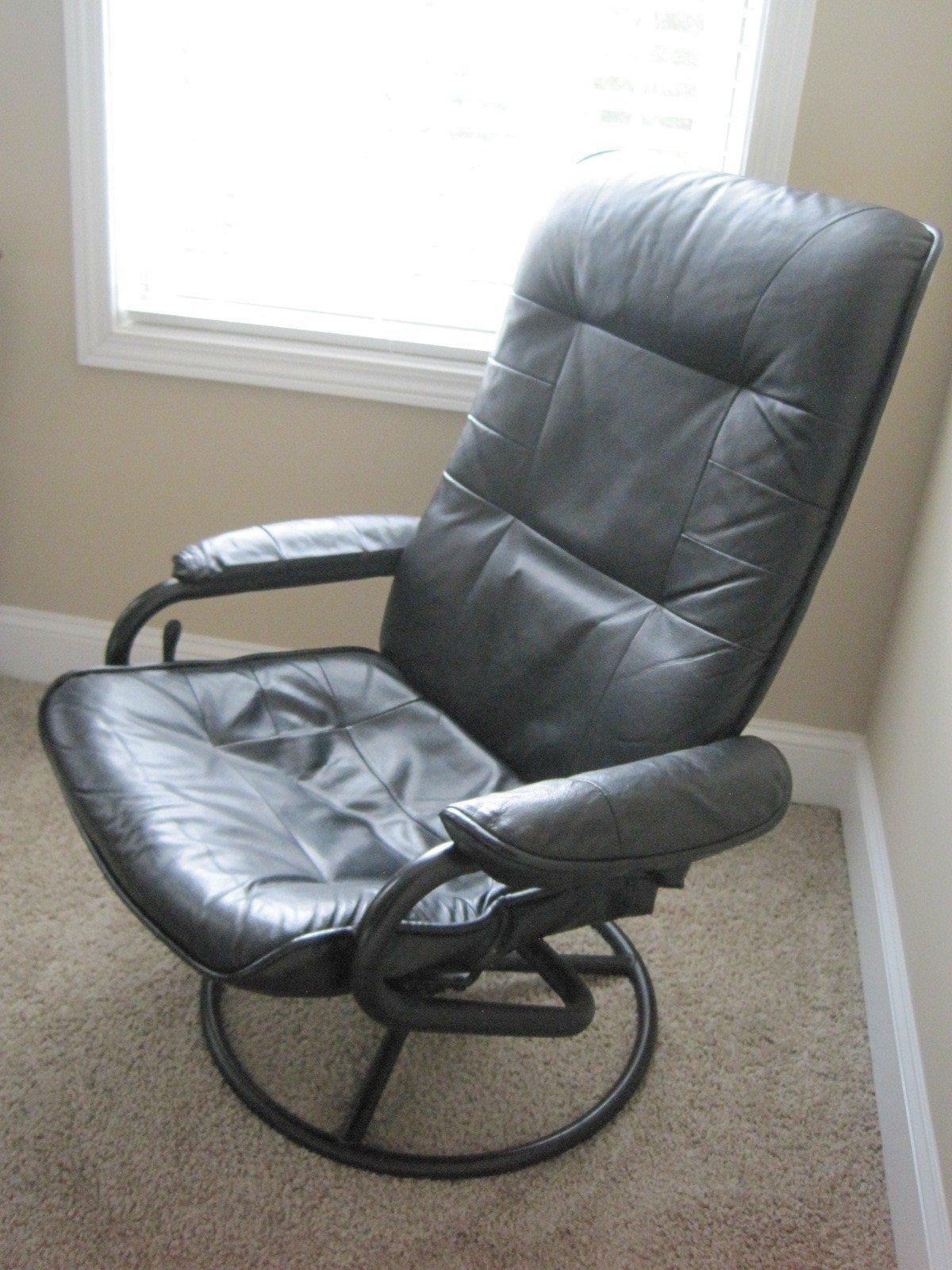 Contemporary Black Leather Swivel Recliner & Ottoman, Metal Base