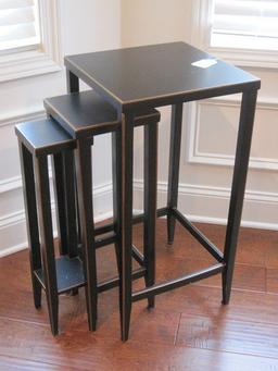 Set of 4 Black Lacquer Finish Nesting Tables on Tapered Legs w/ Gilt Trim Accent. ONLY 3 SHOWN