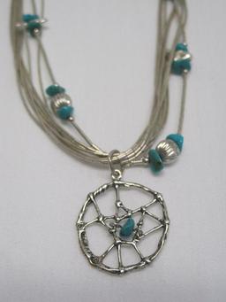 18" 925 Multi-Strand Necklace w/ Dream Catcher Pendant & Turquoise Accents