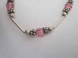 Hand Crafted Dainty Bracelet w/ Pink Seed Beads & Ribbon Stamped 925 CCA