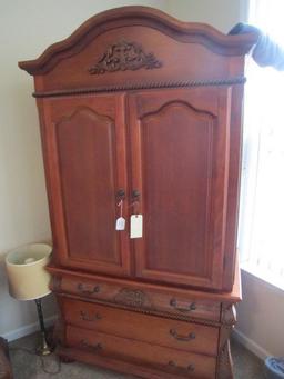 3 Drawer, 2 Door Wardrobe, Solid Wood, Metal Pulls, Carved Ornate Fern Motif, Pad Feet