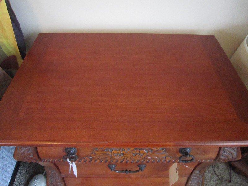 Pair - 2 Drawer Side Desks, Solid Wood, Metal Pulls, Carved Ornate Fern Motif, Pad Feet