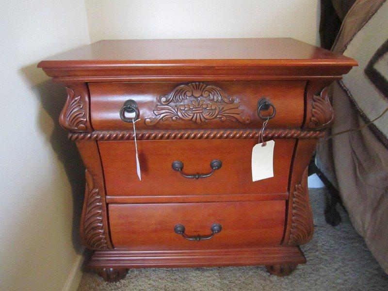 Pair - 2 Drawer Side Desks, Solid Wood, Metal Pulls, Carved Ornate Fern Motif, Pad Feet