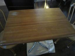 Wood Table w/ Carved Metal Legs, 2 Wicker Heart Motif Slat Back Chairs