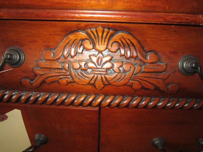 7 Drawer Dresser Solid Wood, Metal Pulls, Carved Ornate Fern Motif, Pad Feet