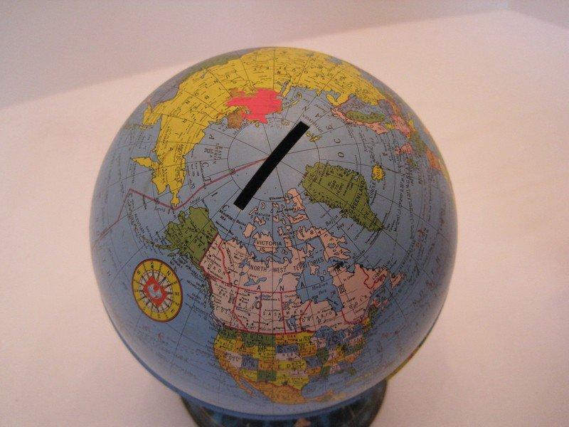 Ohio Art Litho tin Globe Bank w/ Zodiac Signs on Base