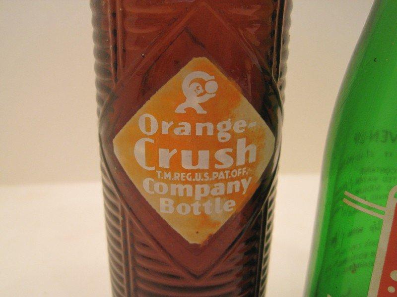 2 Green 7up 7oz. Bottles "You Like It-It Likes You" & Amber Orange-Crush Co. Bottles