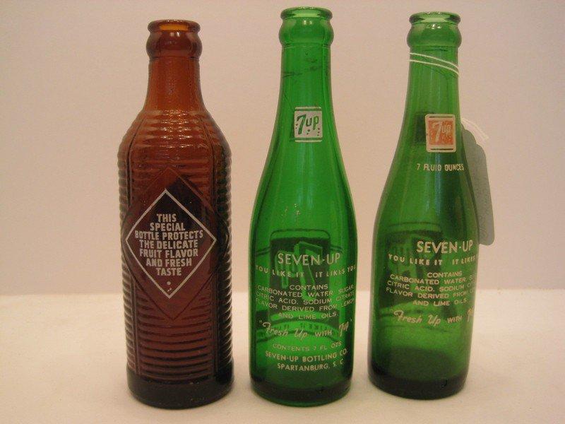 2 Green 7up 7oz. Bottles "You Like It-It Likes You" & Amber Orange-Crush Co. Bottles