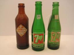 2 Green 7up 7oz. Bottles "You Like It-It Likes You" & Amber Orange-Crush Co. Bottles