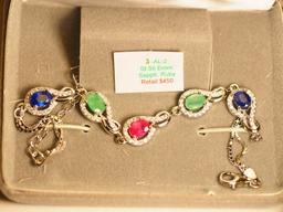 Sterling Silver Emerald Sapphire Ruby Trio Bracelet
