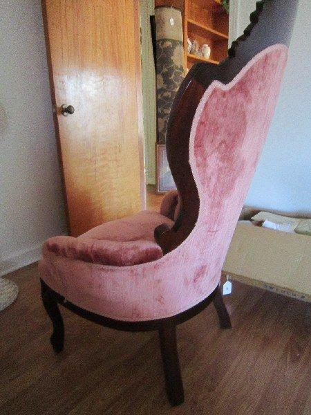 Ornate Wood Carved Shield Back Victorian Style Gentleman's Chair w/ Rose Upholstery