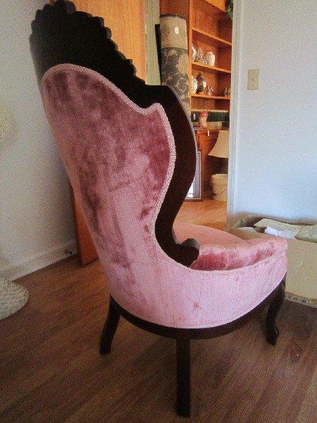 Ornate Wood Carved Shield Back Victorian Style Gentleman's Chair w/ Rose Upholstery