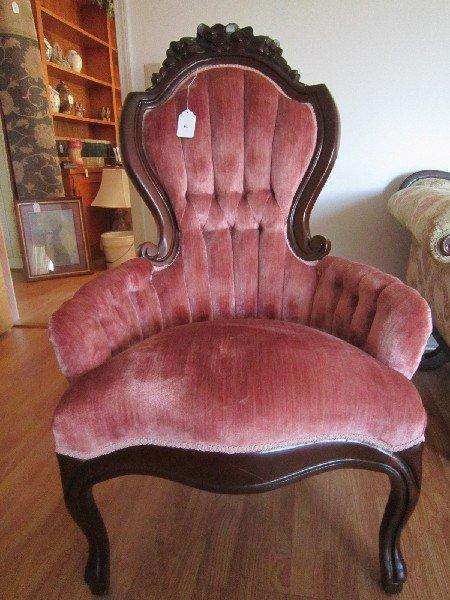 Ornate Wood Carved Shield Back Victorian Style Gentleman's Chair w/ Rose Upholstery