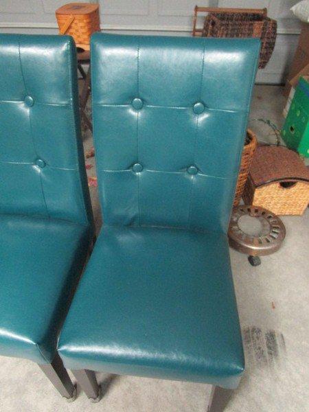 Pair - Leather Pin Back Chairs, Sea-Green Upholstered, Wood Legs, Metal Feet