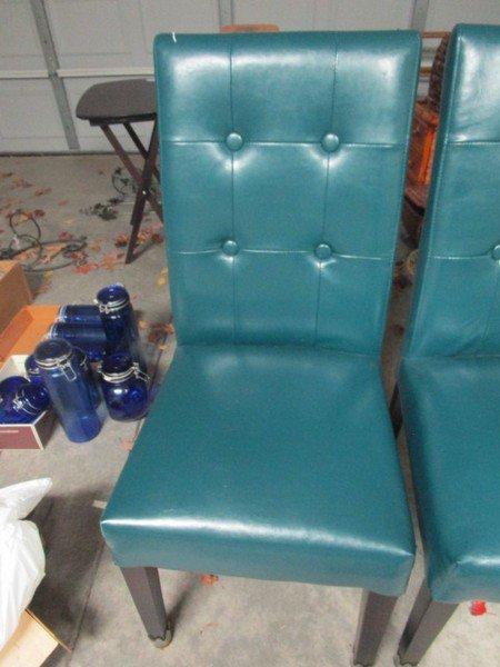 Pair - Leather Pin Back Chairs, Sea-Green Upholstered, Wood Legs, Metal Feet