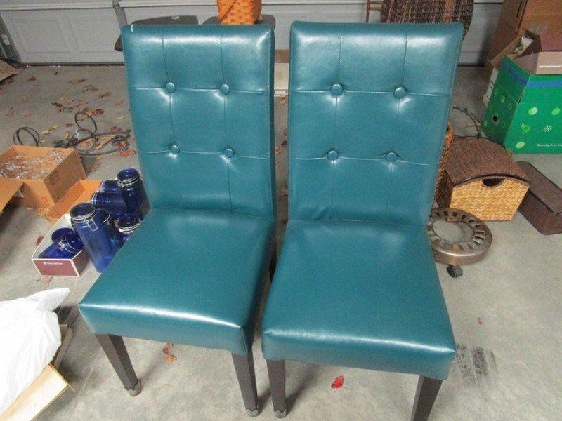 Pair - Leather Pin Back Chairs, Sea-Green Upholstered, Wood Legs, Metal Feet