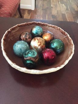 Glazed Hand Carved Ceramic/Pottery Bowl Brown/Grey w/ 8 Decorative Balls