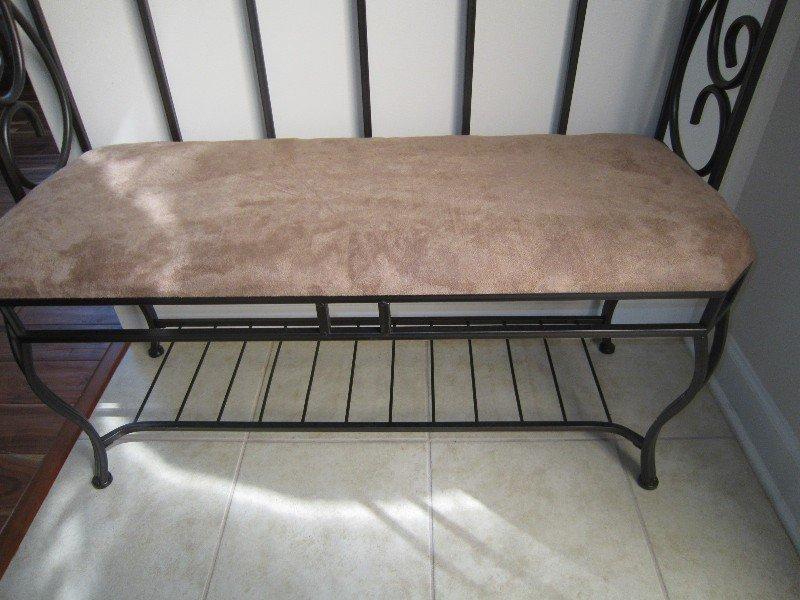 Metal Black Hall Tree, Bench Upholstered w/ Coat Hangers, Carved Ornate Design