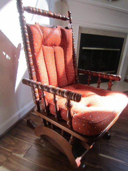 Ornate Carved Wood Rocking Chair w/ Floral/Red Upholstery