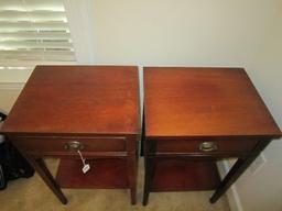 Pair - 1 Drawer Wooden Side Tables, Metal Pulls, Ornate Design, 1 Missing Pull, 2 Tier