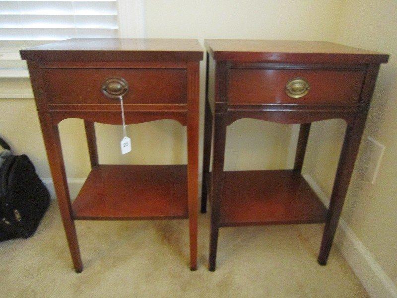 Pair - 1 Drawer Wooden Side Tables, Metal Pulls, Ornate Design, 1 Missing Pull, 2 Tier