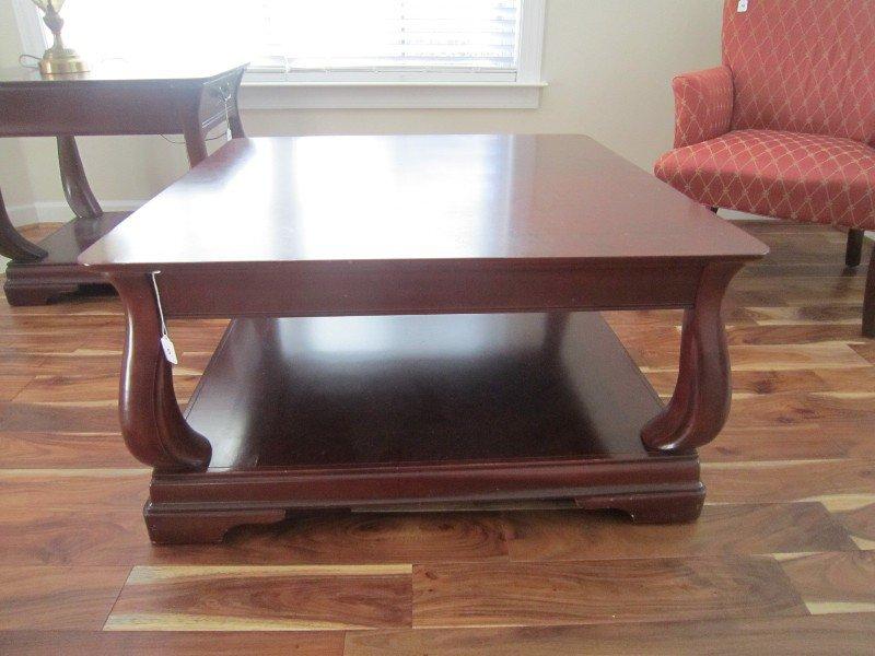 Cherry Veneer Wood Coffee Table w/ Carved Style Columns, 2 Tier, Pedestal Feet