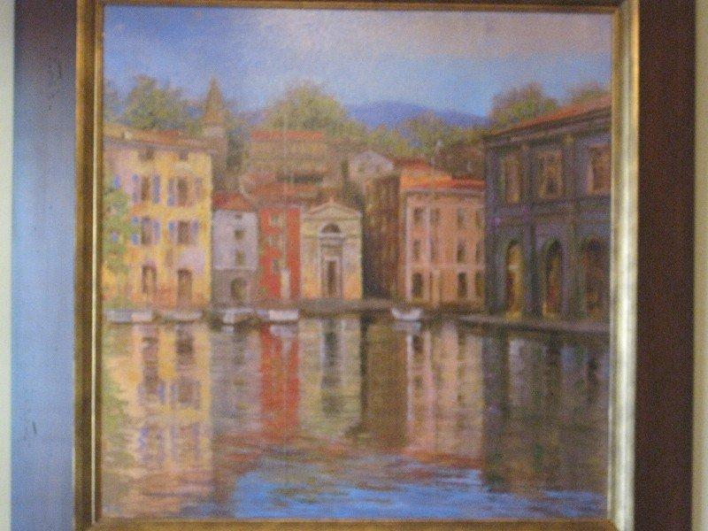 Tuscan Village Waterfront Scene Print Craquelure Finish in Rustic Frame/Antiqued Gilded Trim