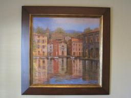 Tuscan Village Waterfront Scene Print Craquelure Finish in Rustic Frame/Antiqued Gilded Trim