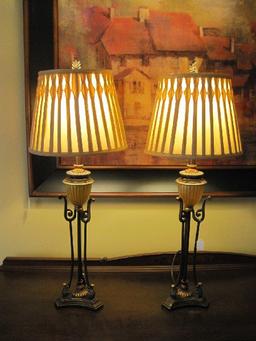 Pair - French Inspired Banquet Lamps w/ Amber Vertical Design Urn Fonts